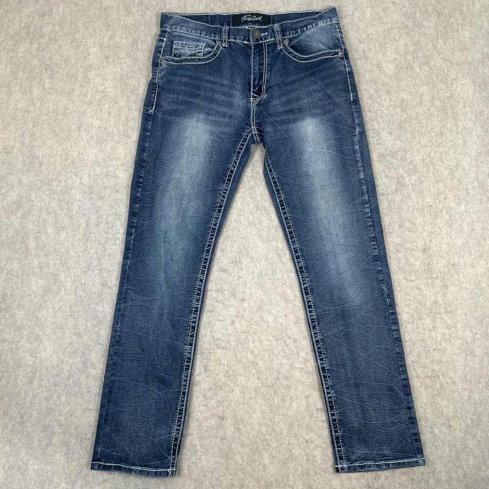 True Luck Mens Jeans 32x32 Straight Leg Blue Denim White Stitching